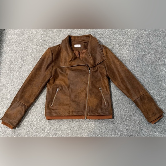 Pink Lily Cropped Brown Faux Leather Moto Jacket - Picture 2 of 5